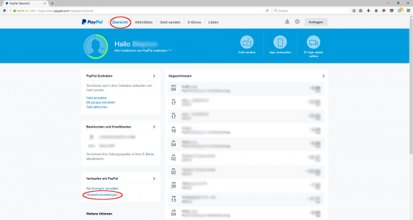 Übersicht PayPal
